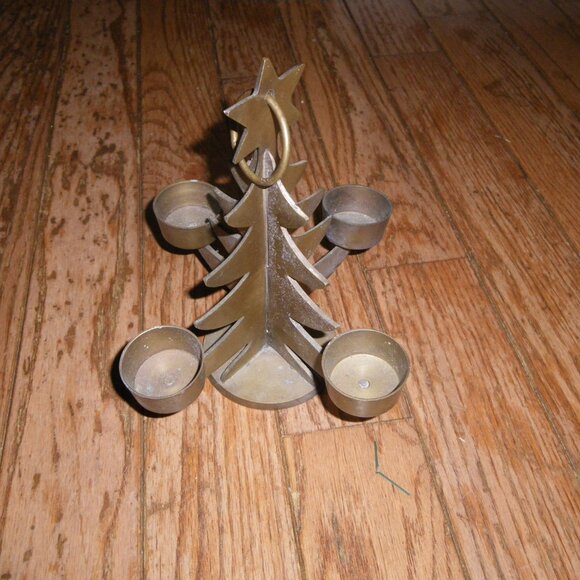 Vintage Solid Brass Metal Holiday Christmas Tree Candle Holder / Lantern - Picture 3 of 4